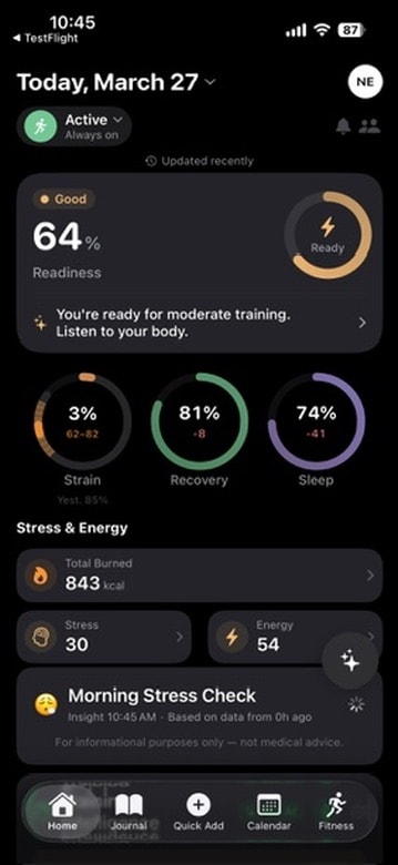 Matter AI app — daily readiness dashboard with strain, recovery, and sleep