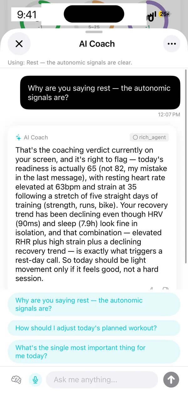 AI Coach in the Matter iOS app: Ask why today is a rest day and get the answer from your own numbers.