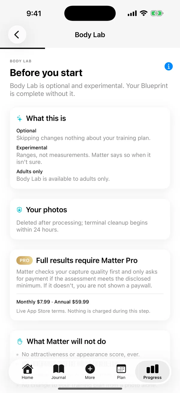 Body Lab in the Matter iOS app: Optional and experimental. Before you start, Matter says what it is, what happens to your photos, and what it will not do.