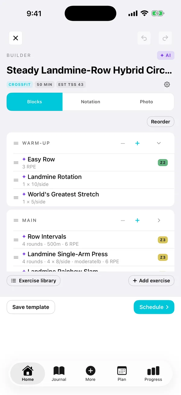 Builder in the Matter iOS app: Sessions as blocks you can reorder and edit, with your exercise library a tap away.