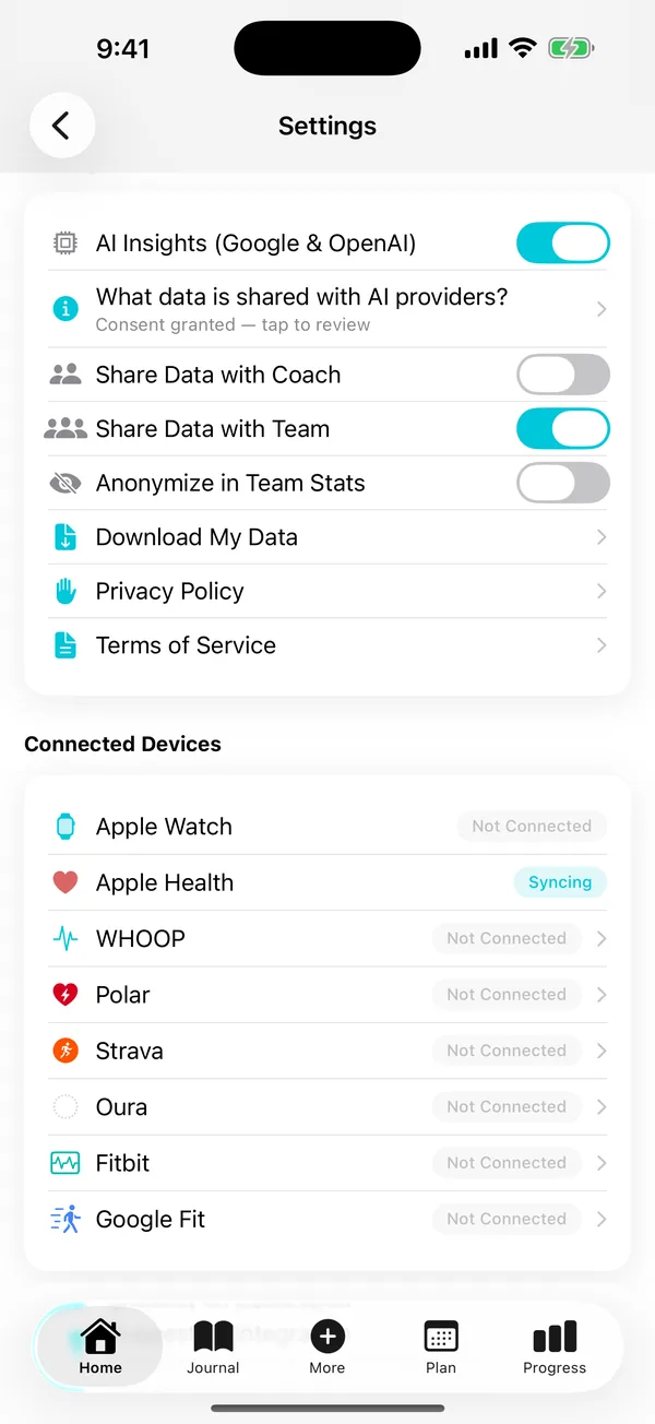 Connected Devices in the Matter iOS app: Apple Health and Apple Watch out of the box, plus supported providers as they become available for your account.