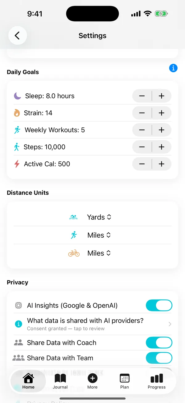 Goals & Privacy in the Matter iOS app: Set daily goals, and choose what is shared with your coach and your team.