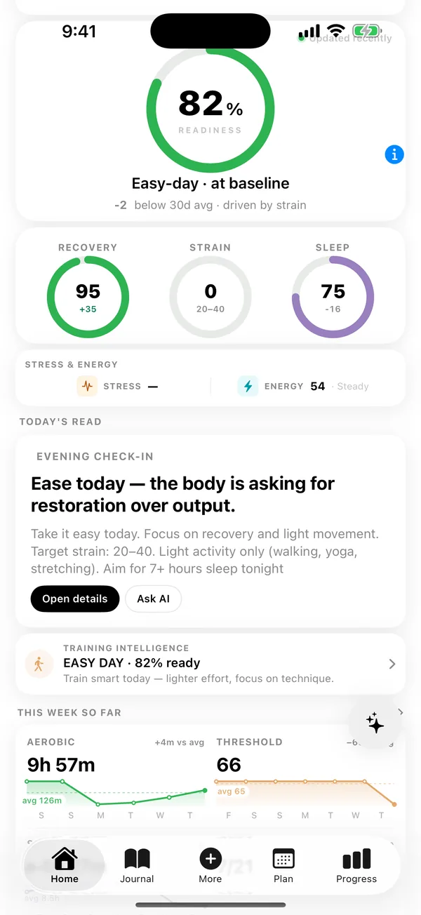 Today’s Read in the Matter iOS app: Readiness against your 30-day baseline, what is driving it, and a plain-language read for the day.