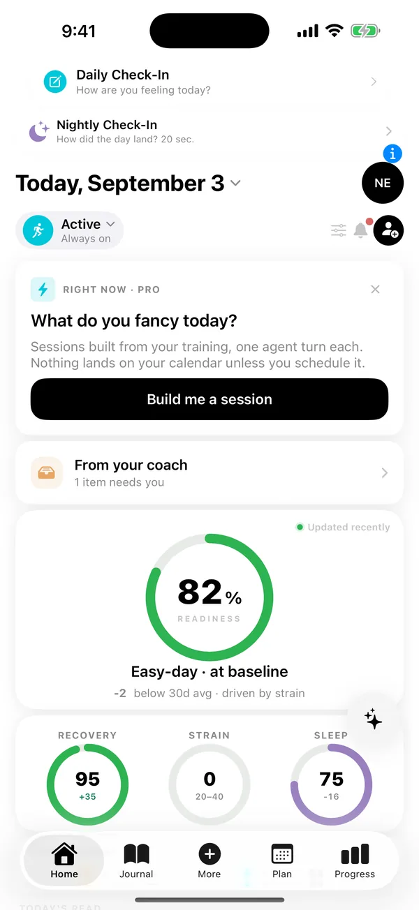 Home in the Matter iOS app: Readiness, recovery, strain and sleep, with today’s check-ins, Right now and your coach’s latest in one place.