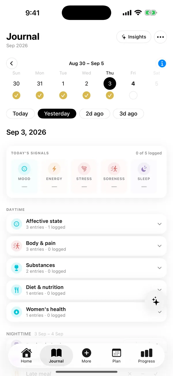 Journal in the Matter iOS app: Log mood, energy, stress, soreness and sleep, plus the context sensors miss.