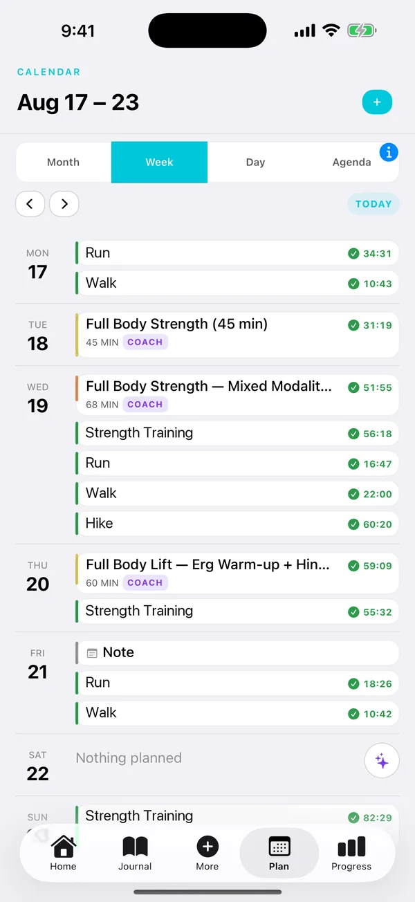 Plan in the Matter iOS app: Your week, with coach-tagged sessions beside the work you completed.