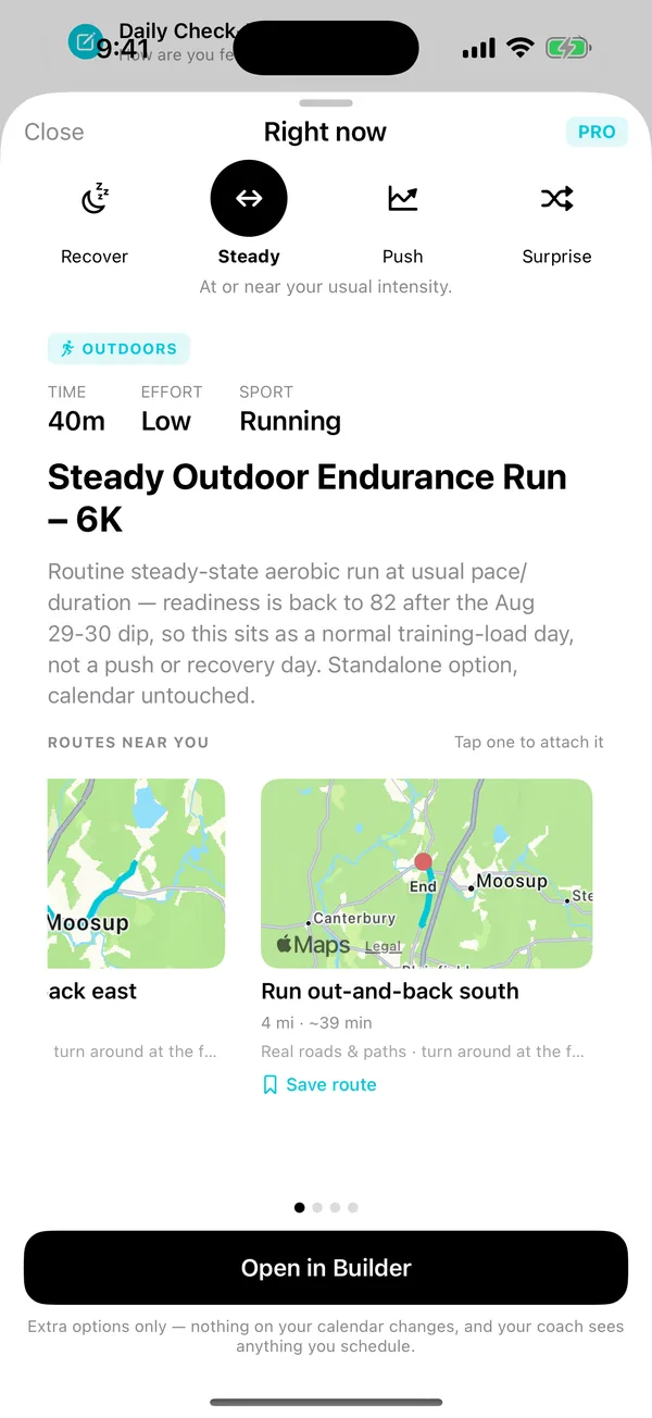 Routes Near You in the Matter iOS app: Outdoor sessions come with routes from your own history, one tap from Apple Maps directions.