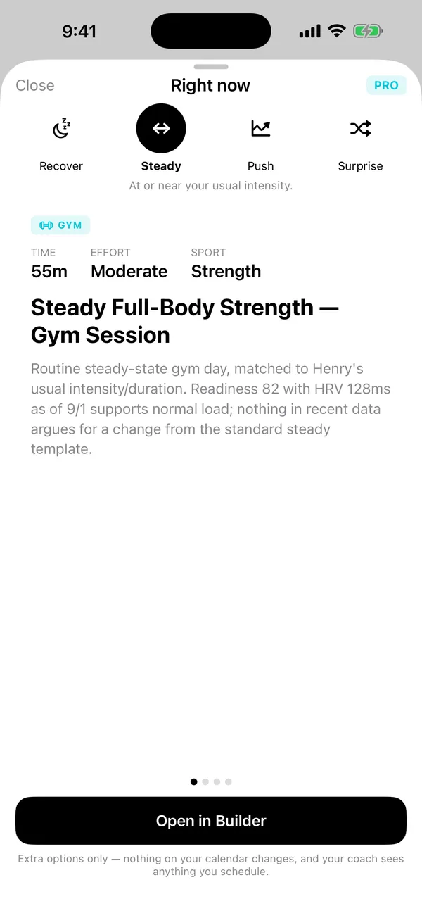 Right now in the Matter iOS app: Pick Recover, Steady, Push or Surprise me and get four different sessions built on the spot.