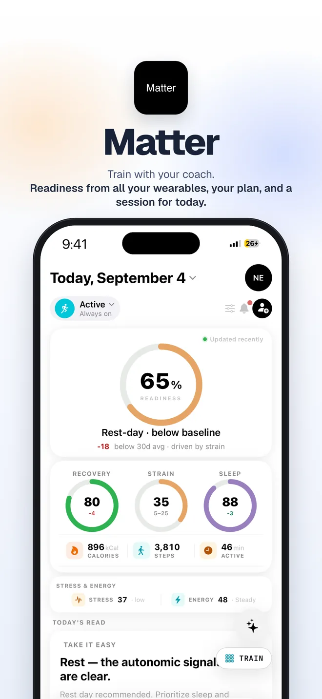 Matter. Train with your coach. The Home screen: 65% readiness, a rest-day call below baseline, and recovery, strain and sleep rings.