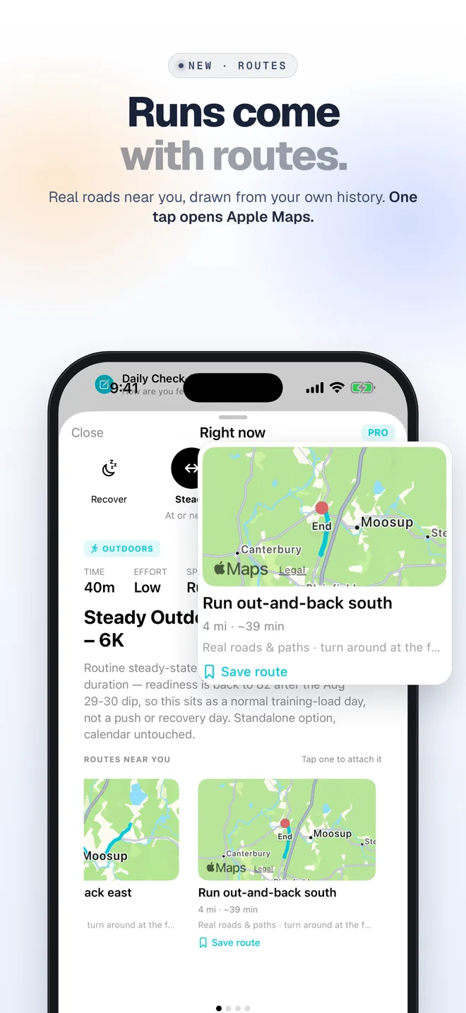 Runs come with routes. A route card on real roads, drawn from the athlete’s own history, one tap from Apple Maps.