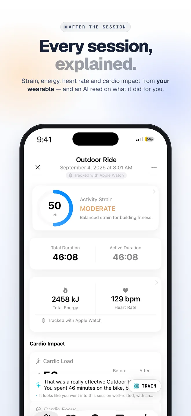 Every session, explained. An outdoor ride summary with strain, duration, energy, heart rate and cardio impact.