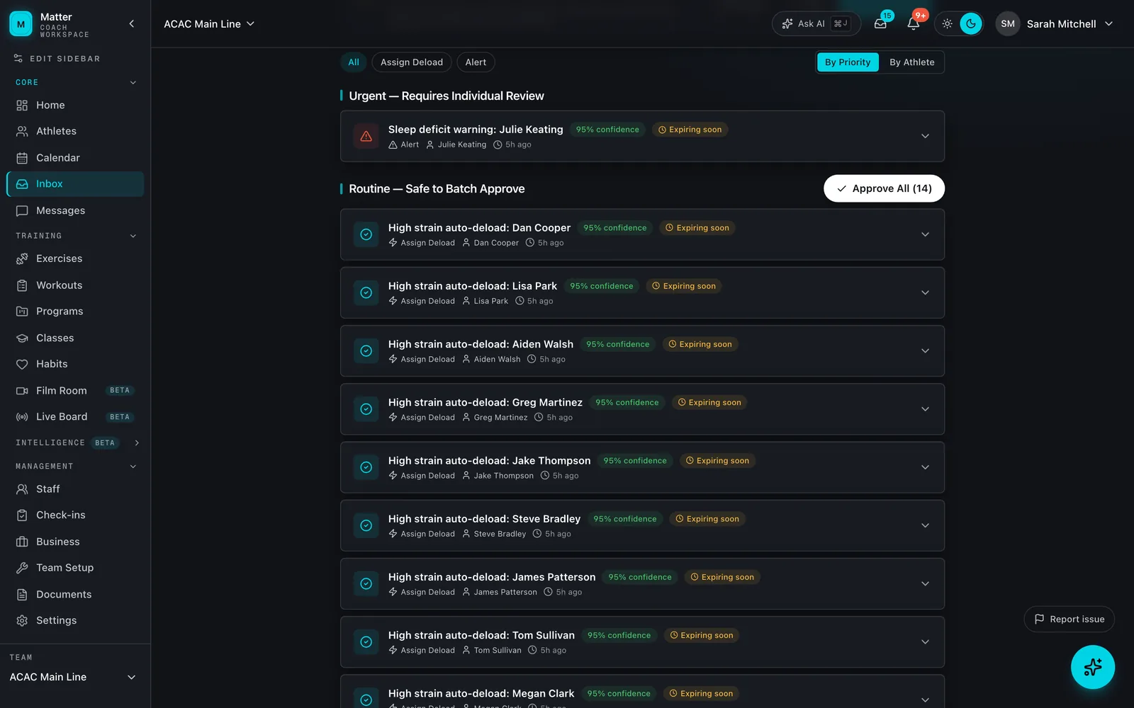 Approval Inbox: AI-drafted actions with a confidence score, split into individual review and safe-to-batch approval.